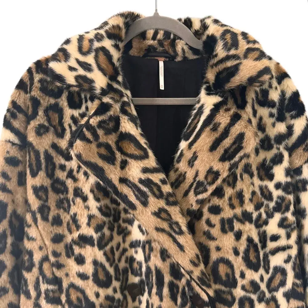 Free People Kate Leopard Print Faux Fur Oversized Coat Jacket Size XS